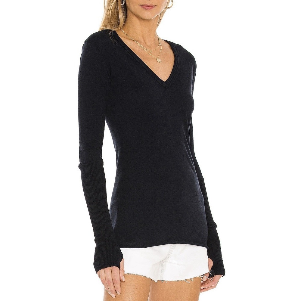 Enza Costa Black Cotton Cashmere V Neck Long Sleeve Sweater Top XS Made USA